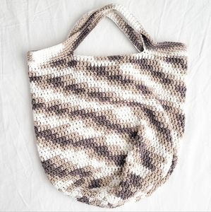 Grey, brown & white knit tote